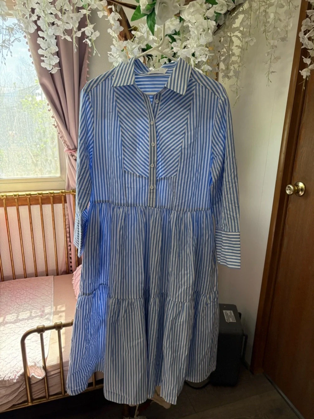 Maye Jasmine Shirt Blue and White Striped Collared Tiered Midi Dress 100% Cotton - Picture 6 of 11